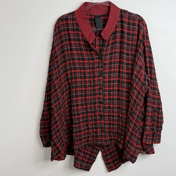 Kedem Sasson Top Women's One Size Red Plaid Button Up Tunic Oversized Lagenlook - Picture 4 of 14